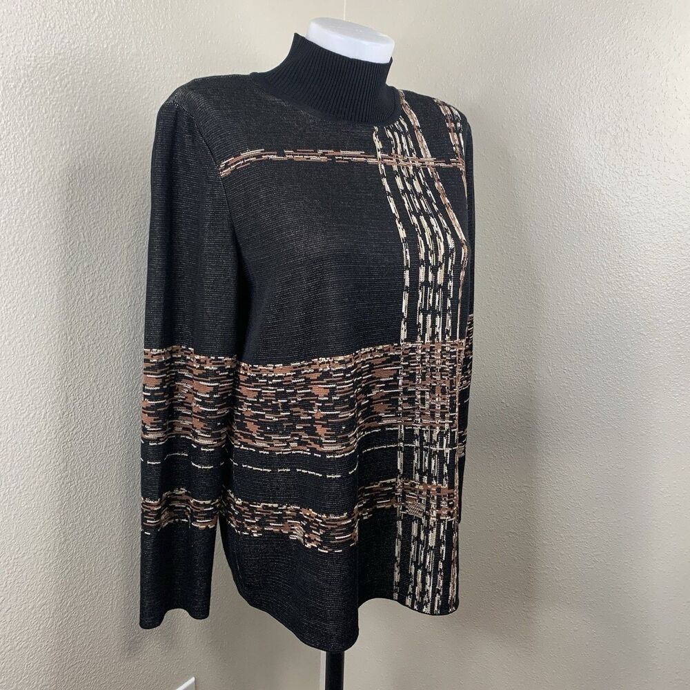 Ming Wang Black Brown Pattern Striped Abstract Sweater Women’s Sz M Mock Neck